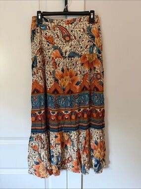 FARM Rio Cream Maxi Skirt with Teal & Burnt Orange Floral Print